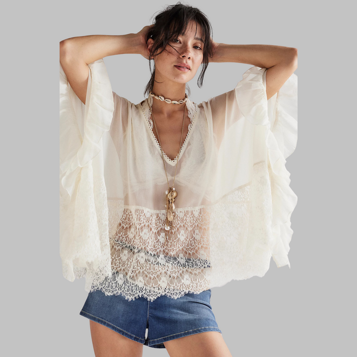 Leona Classy V-Neck Batwing Sleeve Cover-Up Top