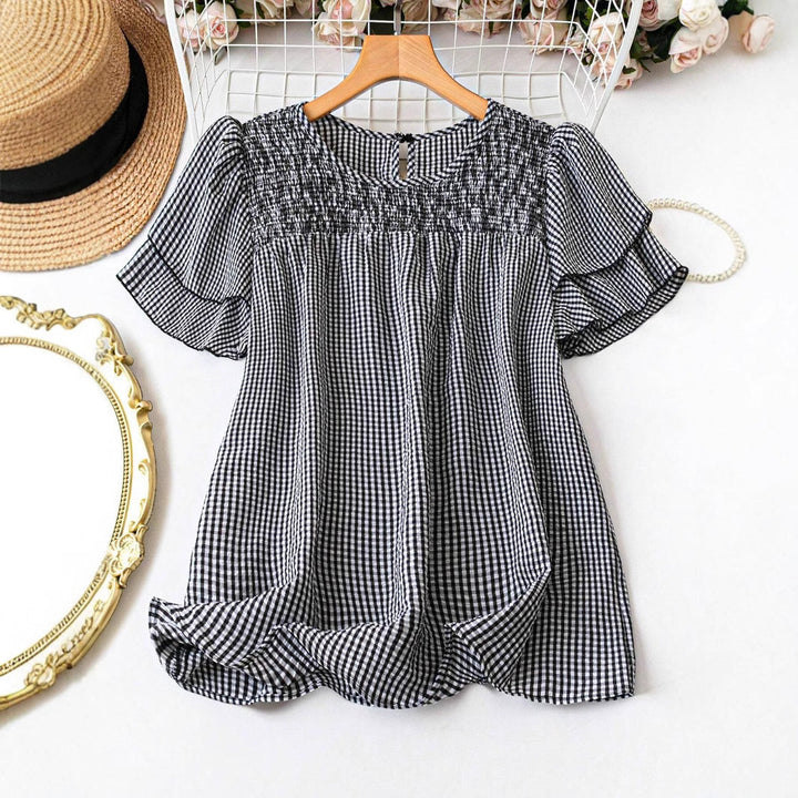 Kristel Vintage Flowy Checkered Puff Sleeve Blouse