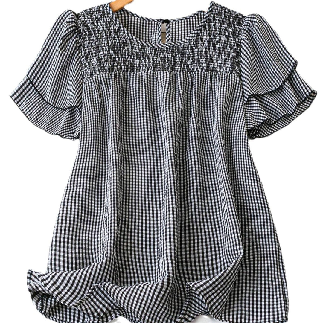Kristel Vintage Flowy Checkered Puff Sleeve Blouse