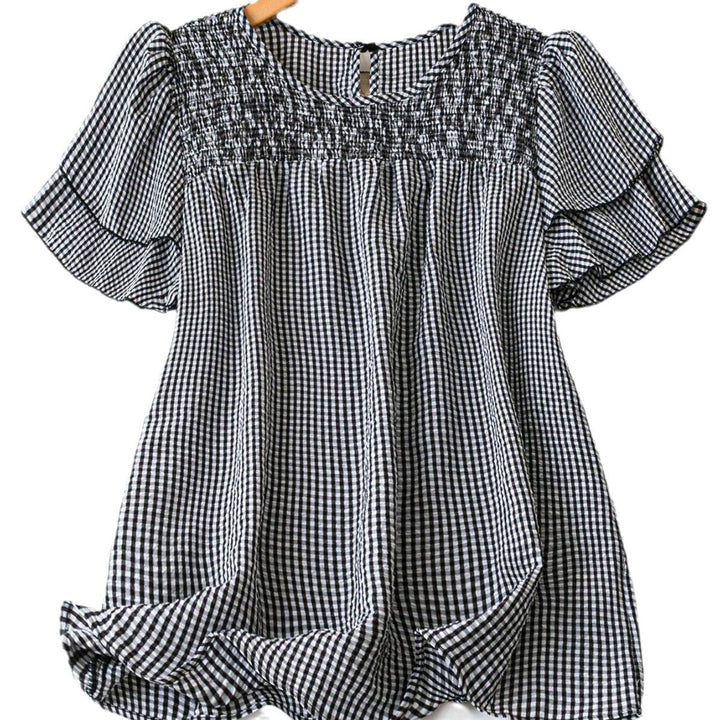 Kristel Vintage Flowy Checkered Puff Sleeve Blouse