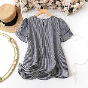 Kristel Vintage Flowy Checkered Puff Sleeve Blouse