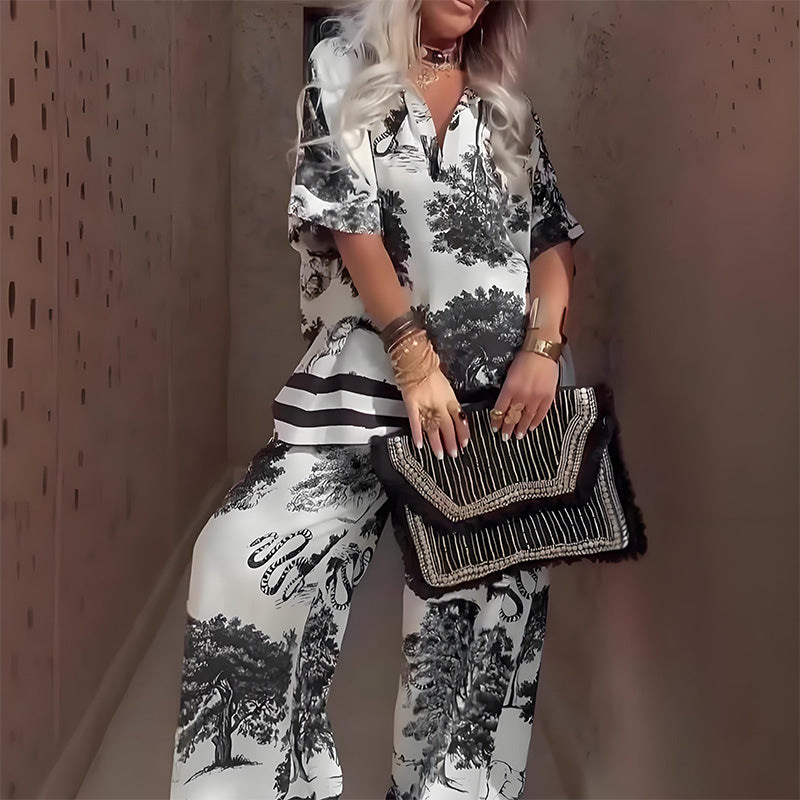Linette Printed V-Neck Top &amp;amp; Long Pants